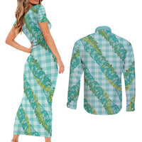 Hawaii Jade Vine Lei Couples Matching Short Sleeve Bodycon Dress and Long Sleeve Button Shirt Aloha Palaka Motif - Turquoise - Polynesian Pride