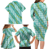 Hawaii Jade Vine Lei Family Matching Long Sleeve Bodycon Dress and Hawaiian Shirt Aloha Palaka Motif - Turquoise LT14 - Polynesian Pride