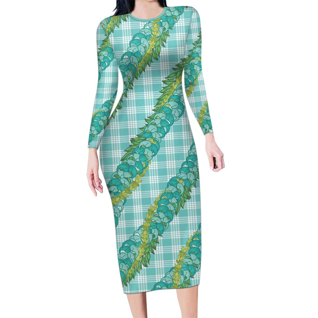Hawaii Jade Vine Lei Family Matching Long Sleeve Bodycon Dress and Hawaiian Shirt Aloha Palaka Motif - Turquoise LT14 Mom's Dress Turquoise - Polynesian Pride