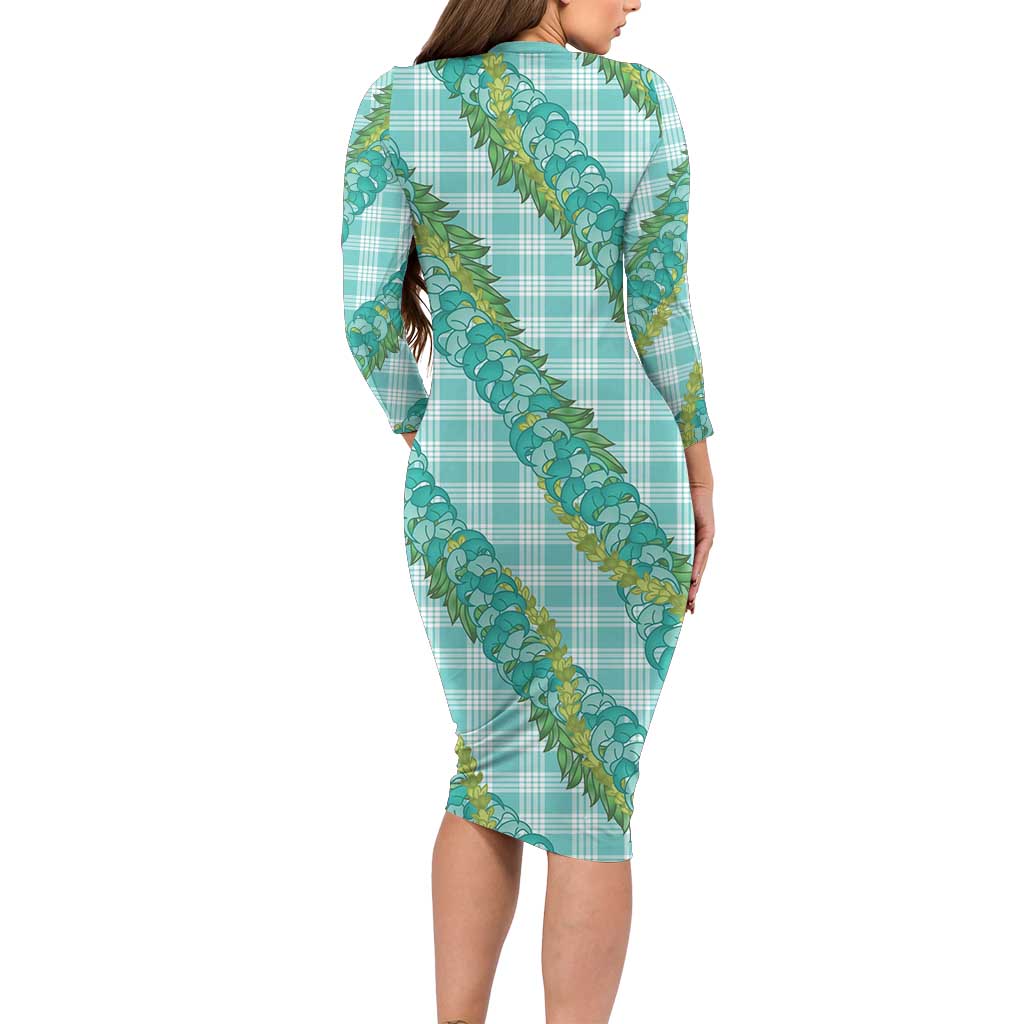 Hawaii Jade Vine Lei Family Matching Long Sleeve Bodycon Dress and Hawaiian Shirt Aloha Palaka Motif - Turquoise LT14 - Polynesian Pride