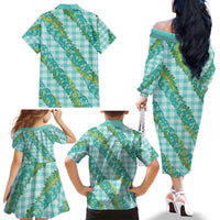 Hawaii Jade Vine Lei Family Matching Off The Shoulder Long Sleeve Dress and Hawaiian Shirt Aloha Palaka Motif - Turquoise LT14 - Polynesian Pride