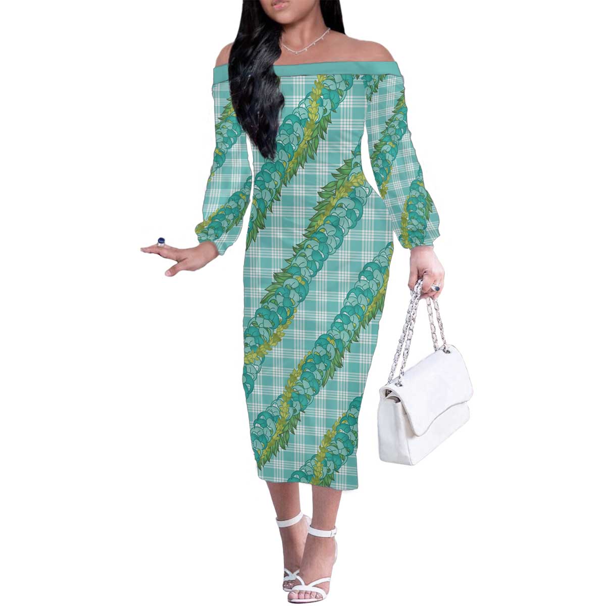 Hawaii Jade Vine Lei Family Matching Off The Shoulder Long Sleeve Dress and Hawaiian Shirt Aloha Palaka Motif - Turquoise LT14 Mom's Dress Turquoise - Polynesian Pride