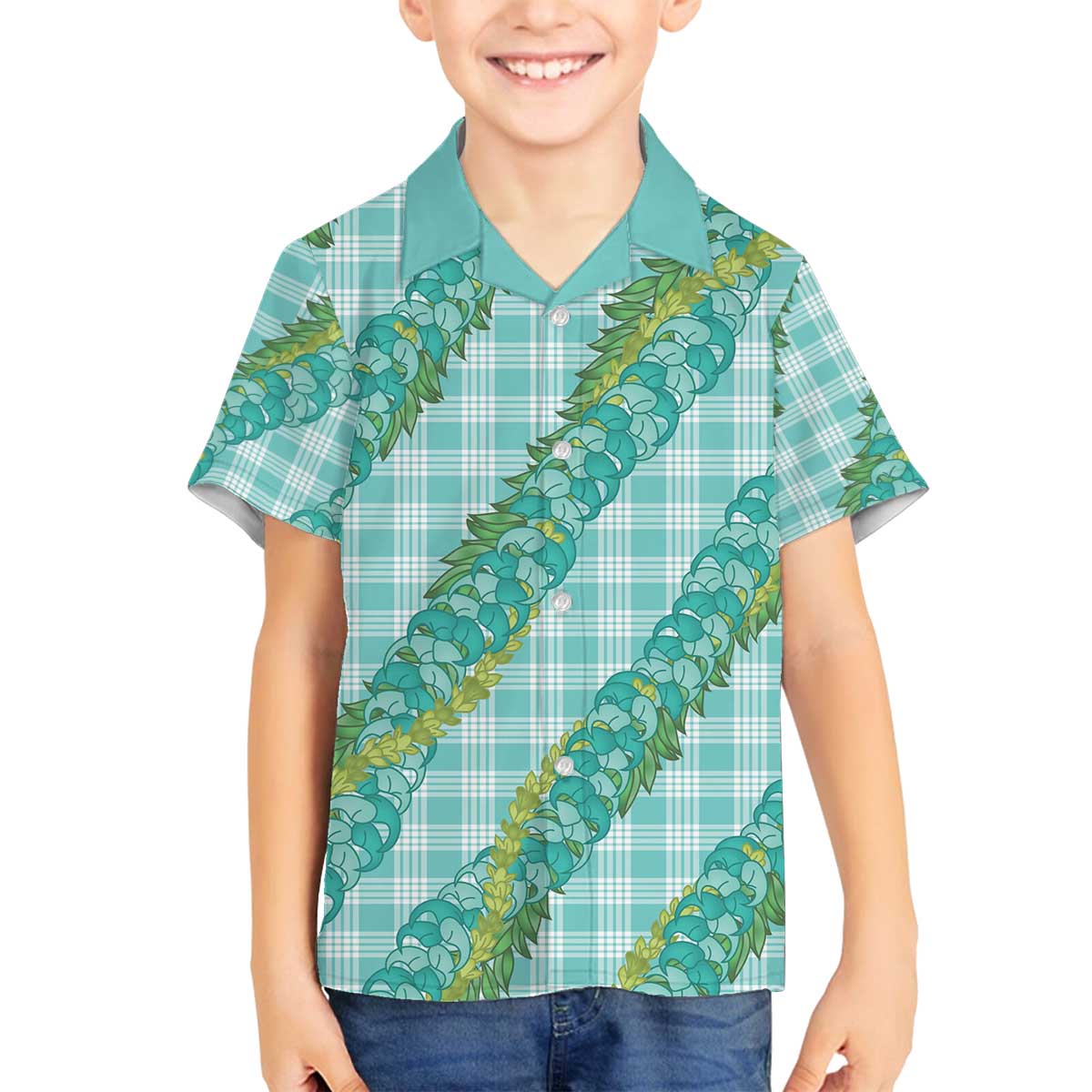 Hawaii Jade Vine Lei Family Matching Off The Shoulder Long Sleeve Dress and Hawaiian Shirt Aloha Palaka Motif - Turquoise LT14 Son's Shirt Turquoise - Polynesian Pride