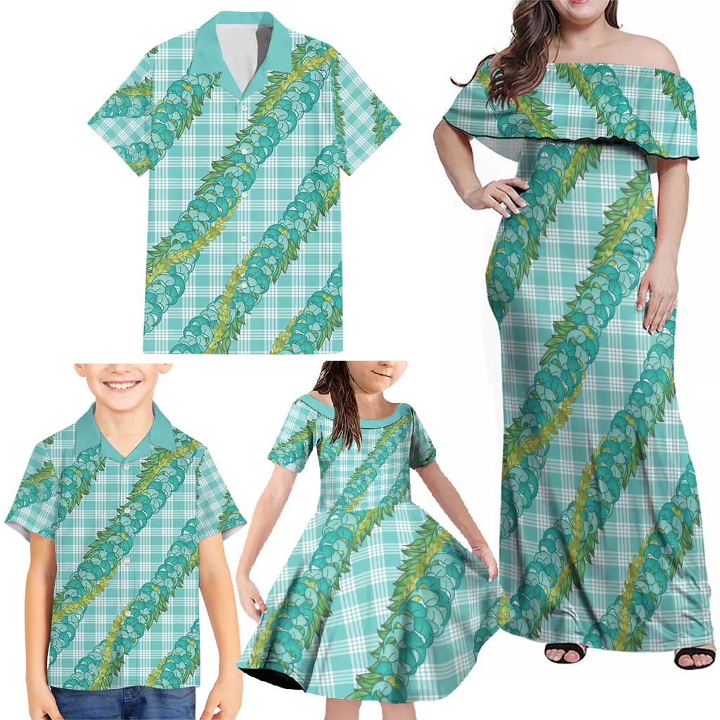 Hawaii Jade Vine Lei Family Matching Off Shoulder Maxi Dress and Hawaiian Shirt Aloha Palaka Motif - Turquoise LT14 - Polynesian Pride