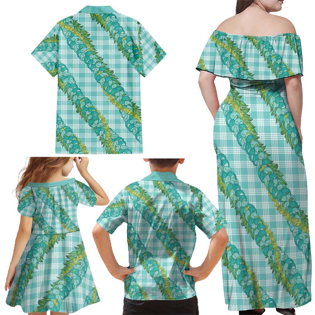 Hawaii Jade Vine Lei Family Matching Off Shoulder Maxi Dress and Hawaiian Shirt Aloha Palaka Motif - Turquoise LT14 - Polynesian Pride
