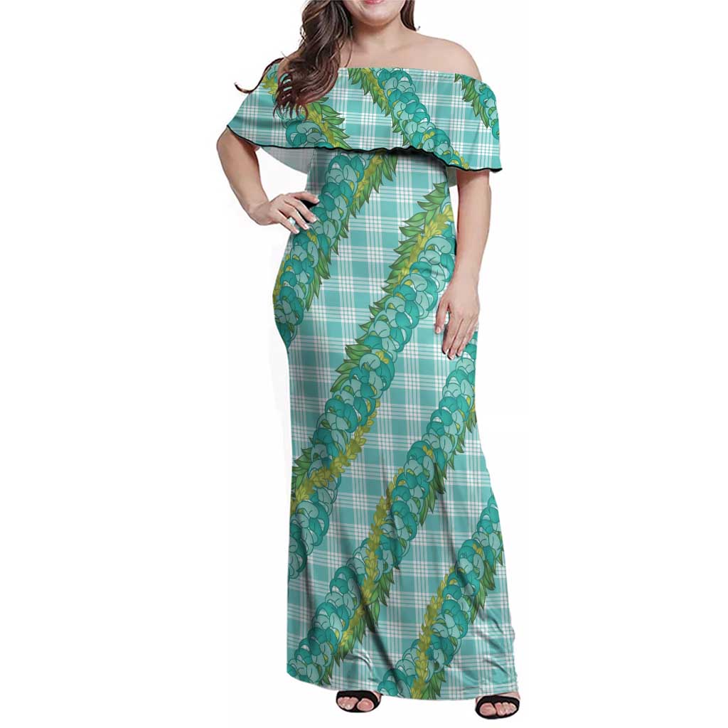 Hawaii Jade Vine Lei Family Matching Off Shoulder Maxi Dress and Hawaiian Shirt Aloha Palaka Motif - Turquoise LT14 Mom's Dress Turquoise - Polynesian Pride