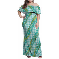 Hawaii Jade Vine Lei Family Matching Off Shoulder Maxi Dress and Hawaiian Shirt Aloha Palaka Motif - Turquoise LT14 Mom's Dress Turquoise - Polynesian Pride