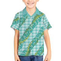 Hawaii Jade Vine Lei Family Matching Off Shoulder Maxi Dress and Hawaiian Shirt Aloha Palaka Motif - Turquoise LT14 Son's Shirt Turquoise - Polynesian Pride