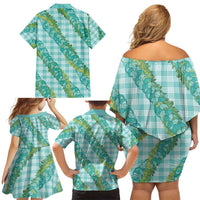 Hawaii Jade Vine Lei Family Matching Off Shoulder Short Dress and Hawaiian Shirt Aloha Palaka Motif - Turquoise LT14 - Polynesian Pride