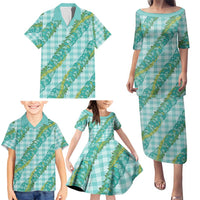 Hawaii Jade Vine Lei Family Matching Puletasi and Hawaiian Shirt Aloha Palaka Motif - Turquoise LT14 - Polynesian Pride