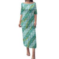 Hawaii Jade Vine Lei Family Matching Puletasi and Hawaiian Shirt Aloha Palaka Motif - Turquoise LT14 Mom's Dress Turquoise - Polynesian Pride