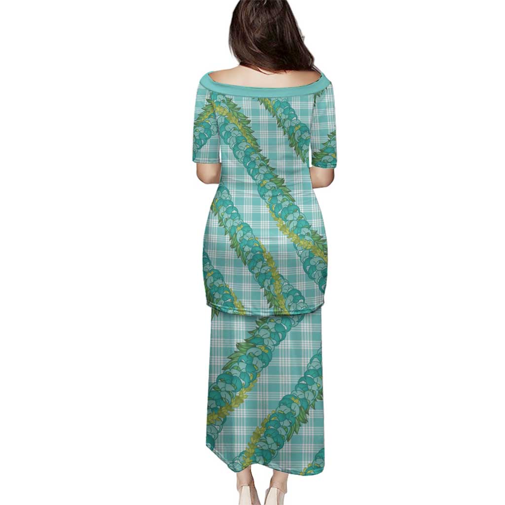 Hawaii Jade Vine Lei Family Matching Puletasi and Hawaiian Shirt Aloha Palaka Motif - Turquoise LT14 - Polynesian Pride
