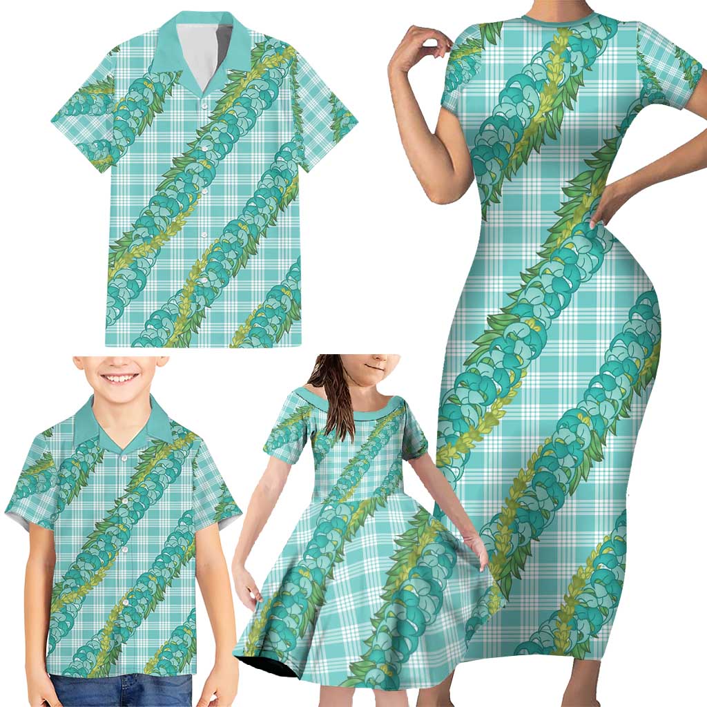 Hawaii Jade Vine Lei Family Matching Short Sleeve Bodycon Dress and Hawaiian Shirt Aloha Palaka Motif - Turquoise LT14 - Polynesian Pride