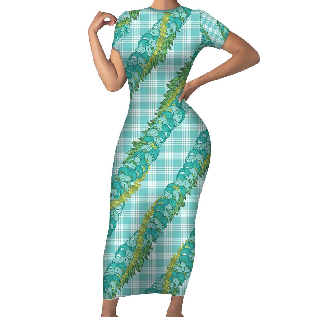 Hawaii Jade Vine Lei Family Matching Short Sleeve Bodycon Dress and Hawaiian Shirt Aloha Palaka Motif - Turquoise LT14 Mom's Dress Turquoise - Polynesian Pride