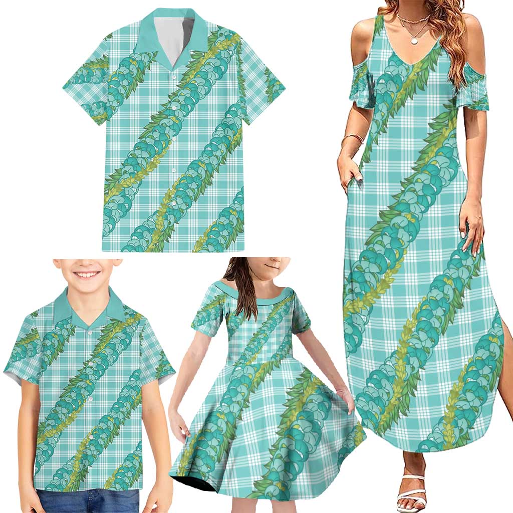Hawaii Jade Vine Lei Family Matching Summer Maxi Dress and Hawaiian Shirt Aloha Palaka Motif - Turquoise LT14 - Polynesian Pride
