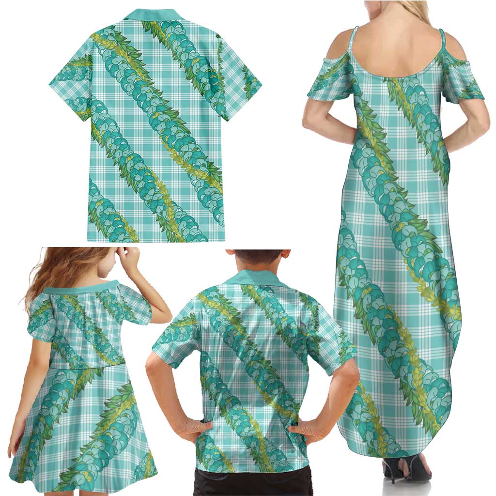 Hawaii Jade Vine Lei Family Matching Summer Maxi Dress and Hawaiian Shirt Aloha Palaka Motif - Turquoise LT14 - Polynesian Pride