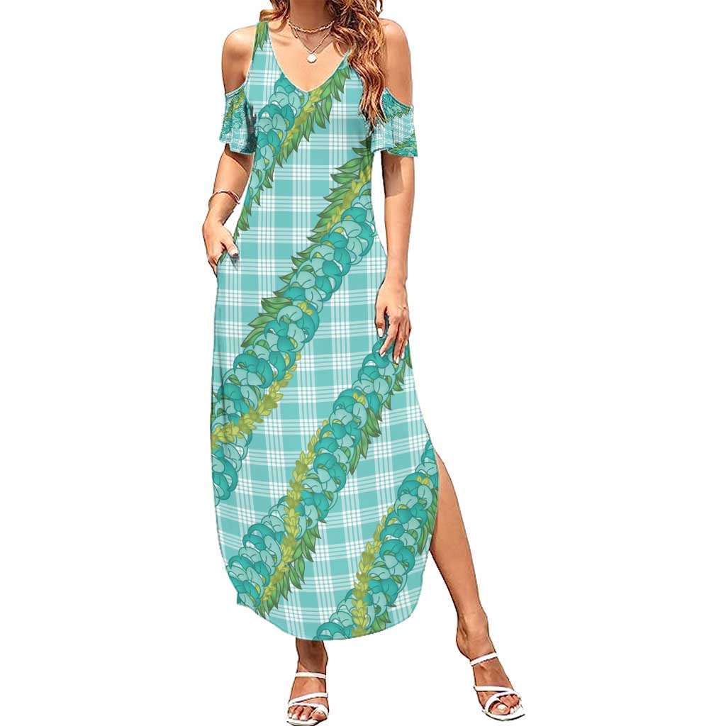 Hawaii Jade Vine Lei Family Matching Summer Maxi Dress and Hawaiian Shirt Aloha Palaka Motif - Turquoise LT14 Mom's Dress Turquoise - Polynesian Pride