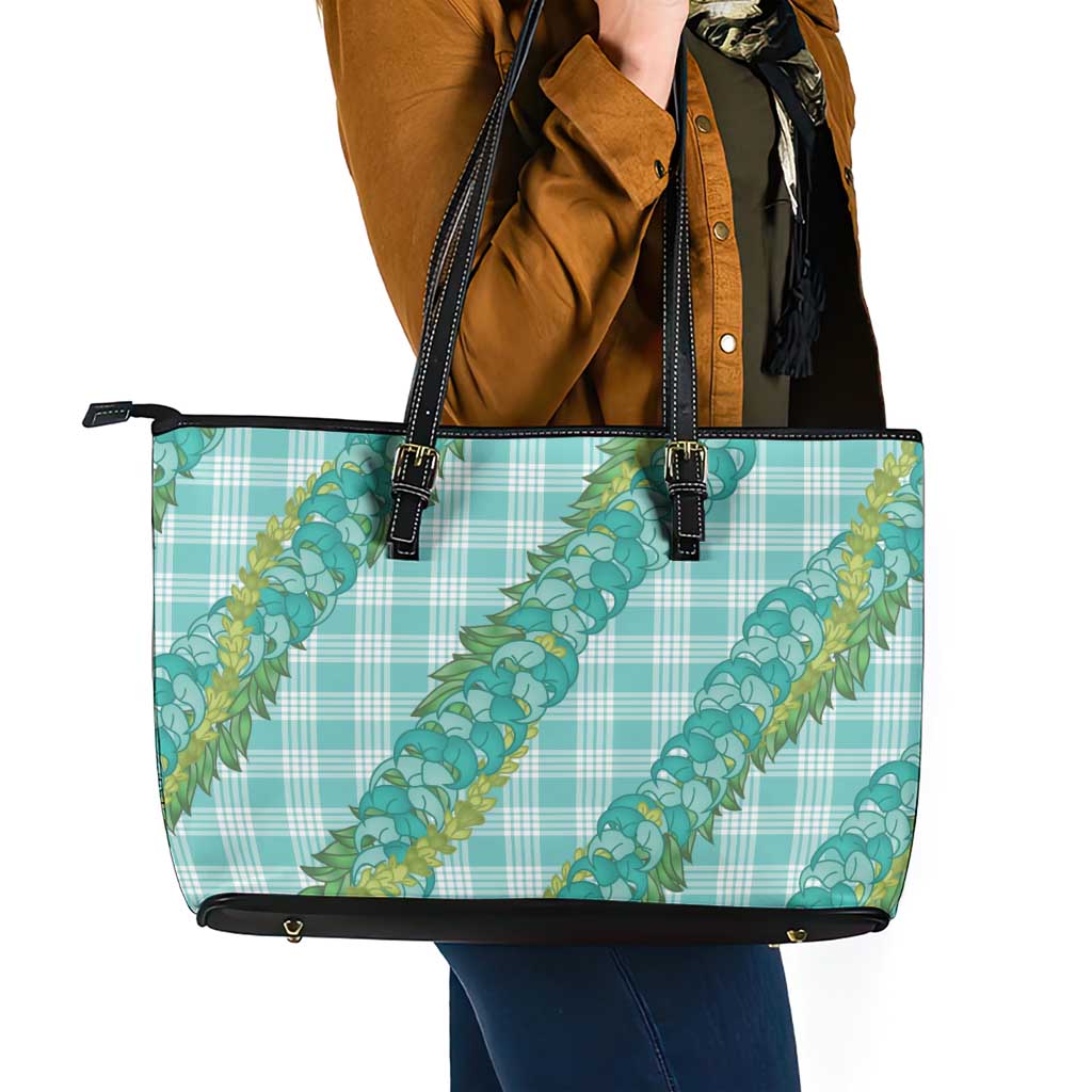 Hawaii Jade Vine Lei Leather Tote Bag Aloha Palaka Motif - Turquoise - Polynesian Pride