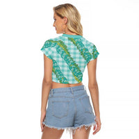 Hawaii Jade Vine Lei Raglan Cropped T Shirt Aloha Palaka Motif - Turquoise - Polynesian Pride