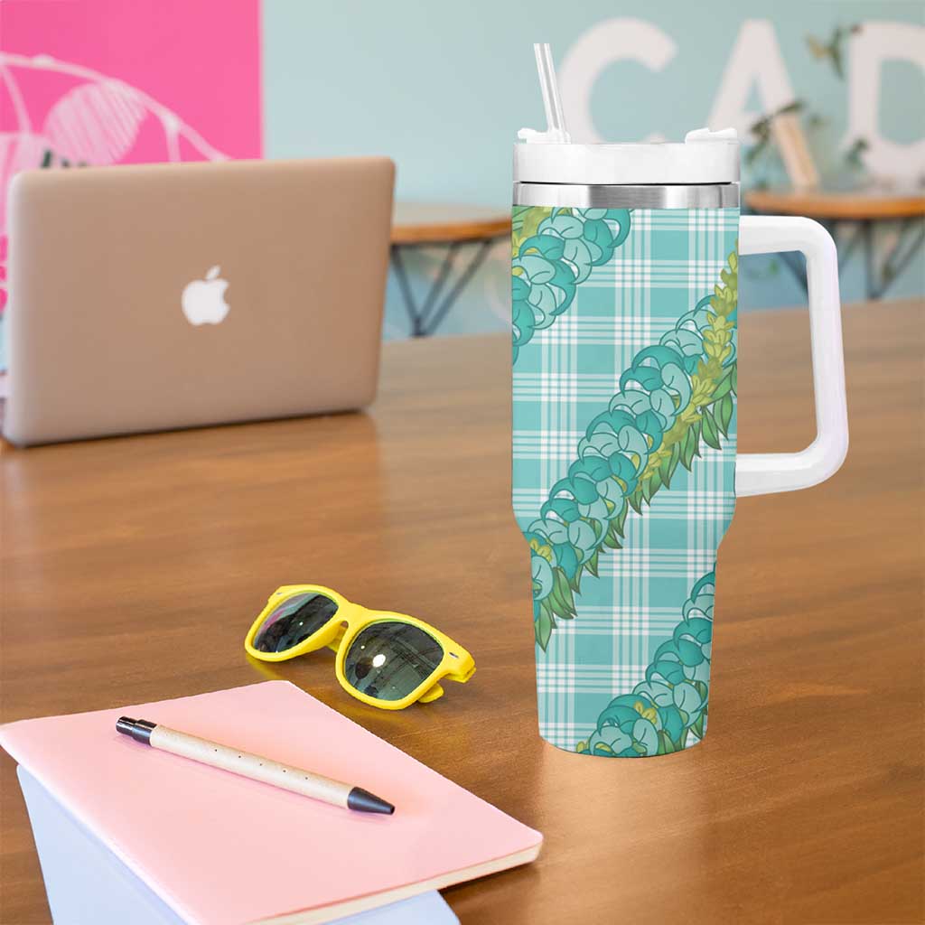 Hawaii Jade Vine Lei Tumbler With Handle Aloha Palaka Motif - Turquoise LT14 - Polynesian Pride
