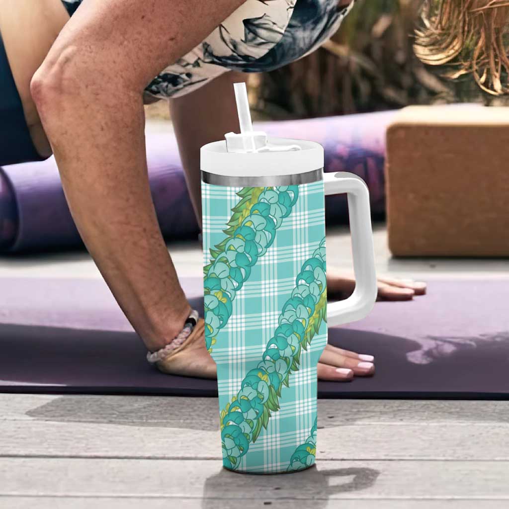 Hawaii Jade Vine Lei Tumbler With Handle Aloha Palaka Motif - Turquoise LT14 - Polynesian Pride