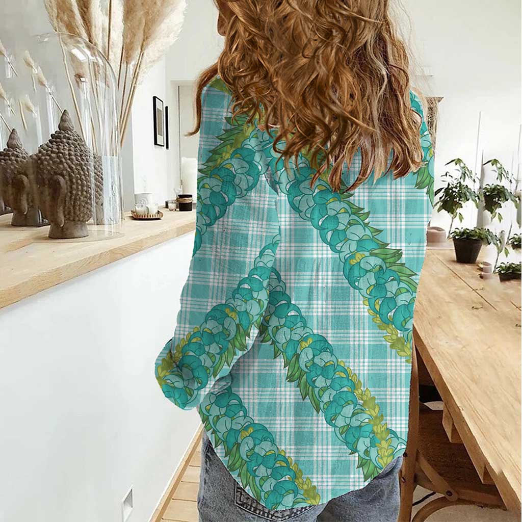 Hawaii Jade Vine Lei Women Casual Shirt Aloha Palaka Motif - Turquoise - Polynesian Pride