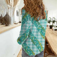 Hawaii Jade Vine Lei Women Casual Shirt Aloha Palaka Motif - Turquoise - Polynesian Pride