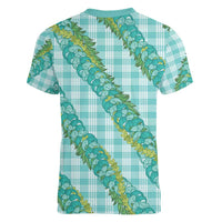 Hawaii Jade Vine Lei Women V-Neck T-Shirt Aloha Palaka Motif - Turquoise - Polynesian Pride