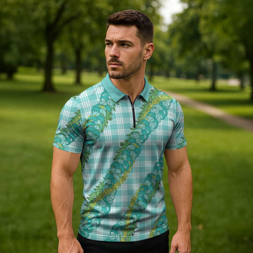 Hawaii Jade Vine Lei Zipper Polo Shirt Aloha Palaka Motif - Turquoise - Polynesian Pride