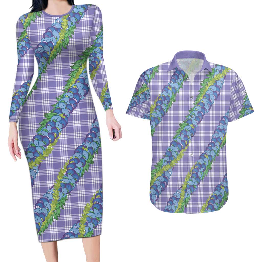Hawaii Jade Vine Lei Couples Matching Long Sleeve Bodycon Dress and Hawaiian Shirt Aloha Palaka Motif - Purple LT14 Purple - Polynesian Pride