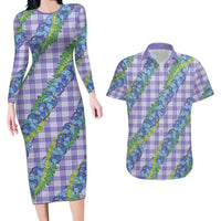 Hawaii Jade Vine Lei Couples Matching Long Sleeve Bodycon Dress and Hawaiian Shirt Aloha Palaka Motif - Purple LT14 Purple - Polynesian Pride