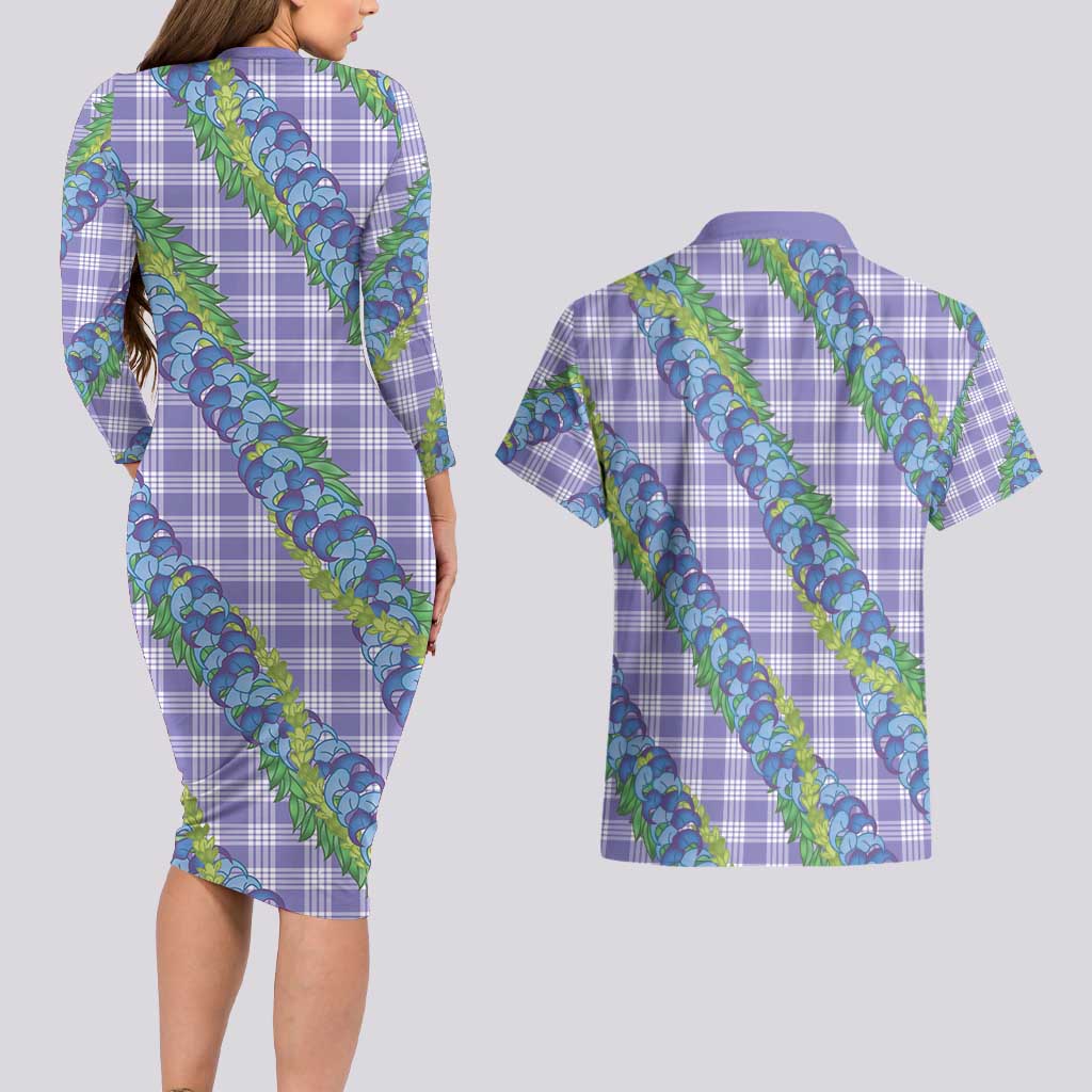 Hawaii Jade Vine Lei Couples Matching Long Sleeve Bodycon Dress and Hawaiian Shirt Aloha Palaka Motif - Purple LT14 - Polynesian Pride