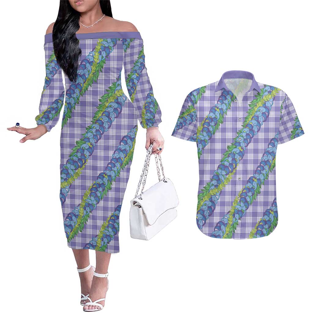 Hawaii Jade Vine Lei Couples Matching Off The Shoulder Long Sleeve Dress and Hawaiian Shirt Aloha Palaka Motif - Purple LT14 Purple - Polynesian Pride