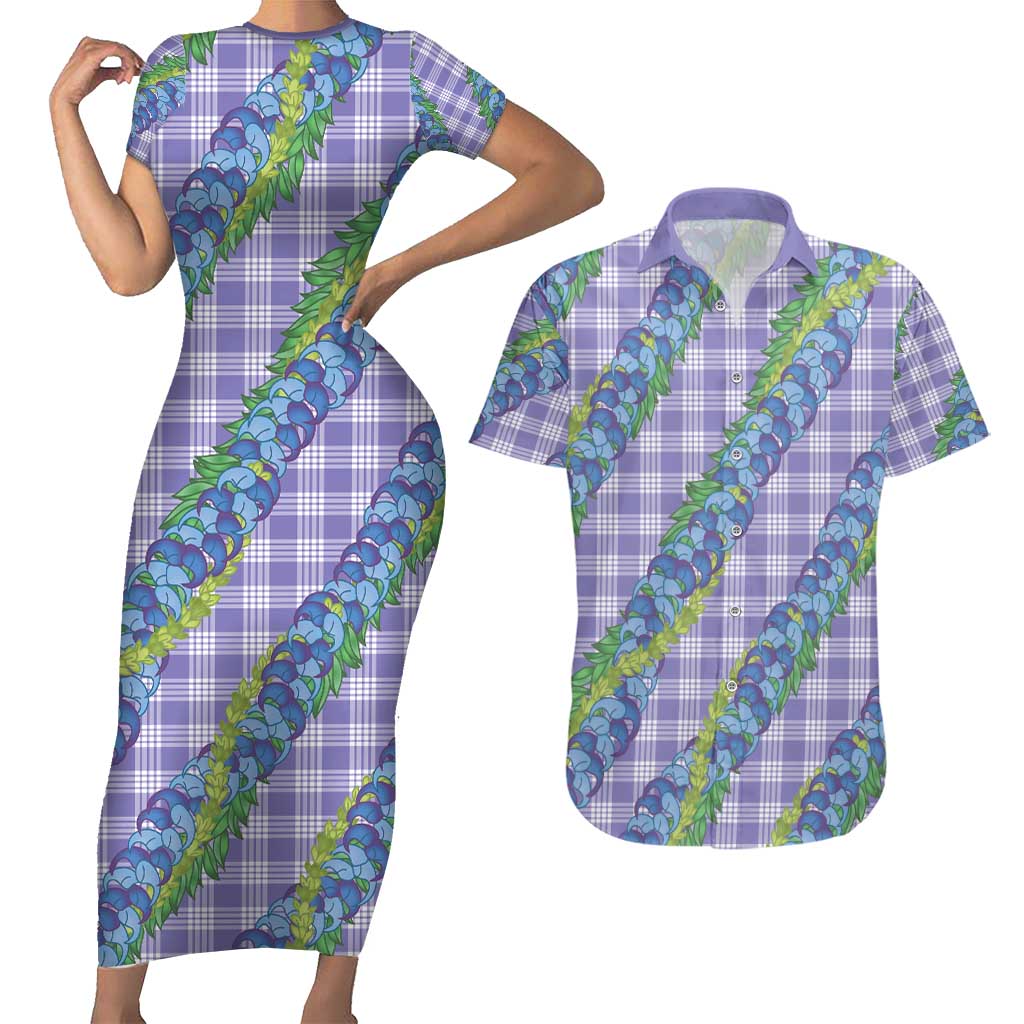 Hawaii Jade Vine Lei Couples Matching Short Sleeve Bodycon Dress and Hawaiian Shirt Aloha Palaka Motif - Purple LT14 Purple - Polynesian Pride
