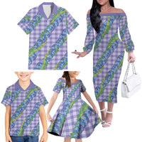 Hawaii Jade Vine Lei Family Matching Off The Shoulder Long Sleeve Dress and Hawaiian Shirt Aloha Palaka Motif - Purple LT14 - Polynesian Pride