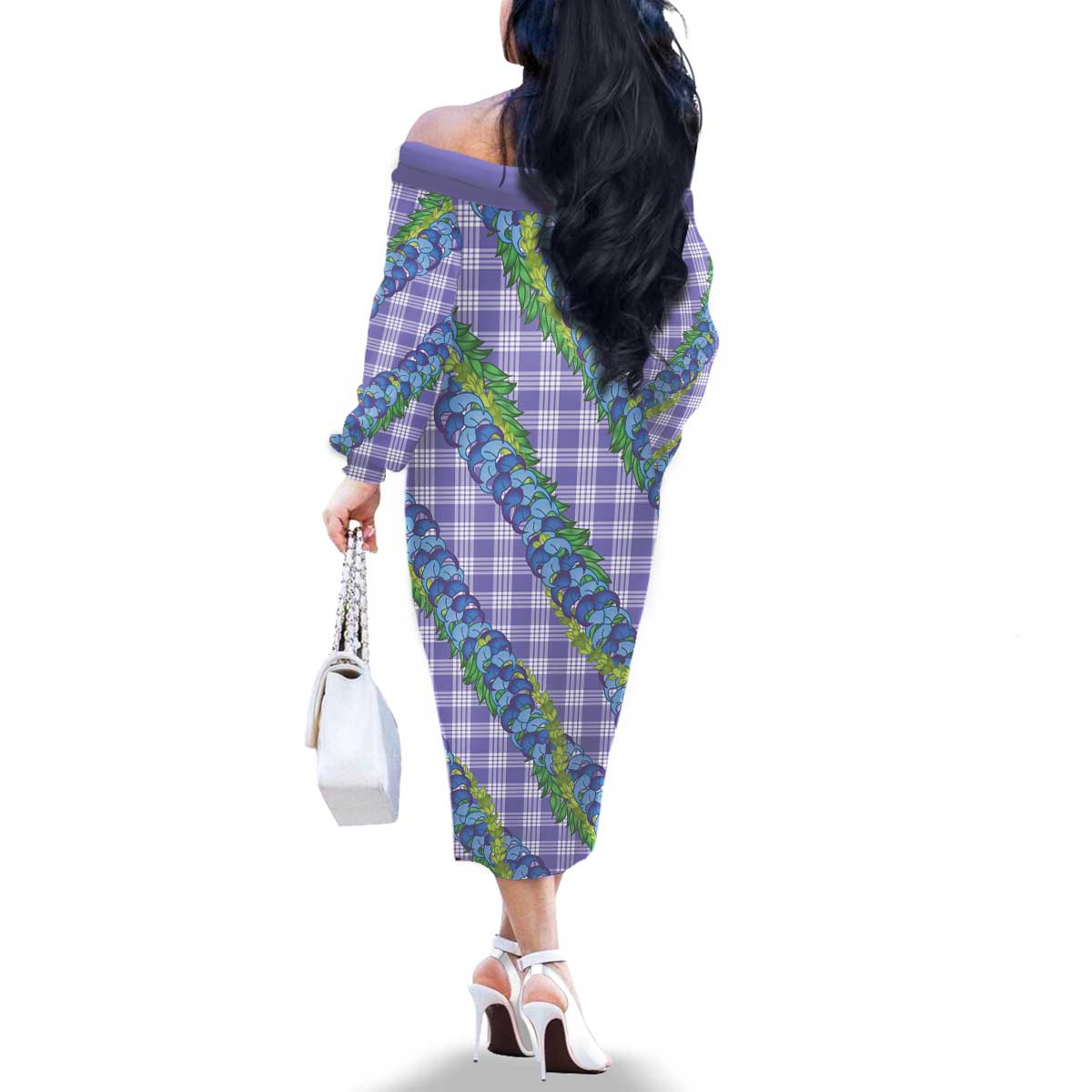 Hawaii Jade Vine Lei Family Matching Off The Shoulder Long Sleeve Dress and Hawaiian Shirt Aloha Palaka Motif - Purple LT14 - Polynesian Pride