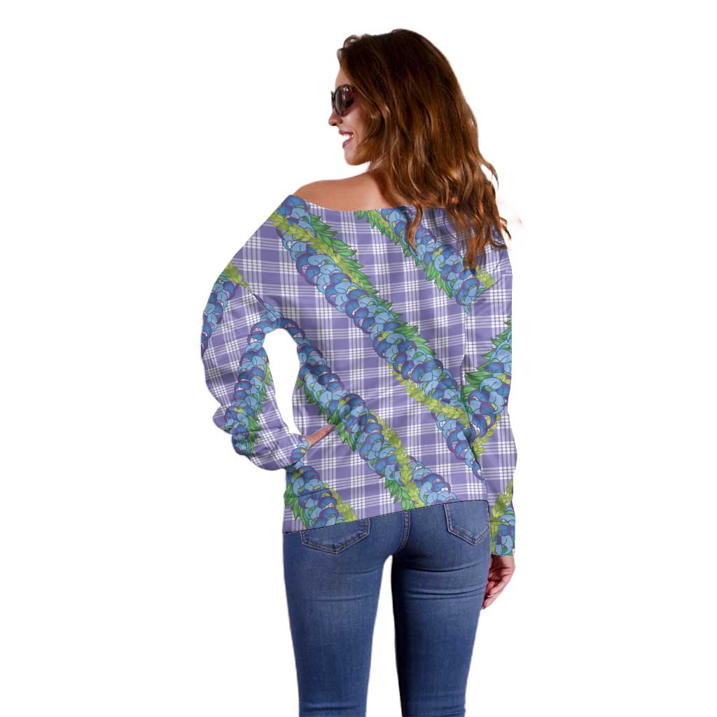 Hawaii Jade Vine Lei Off Shoulder Sweater Aloha Palaka Motif - Purple - Polynesian Pride