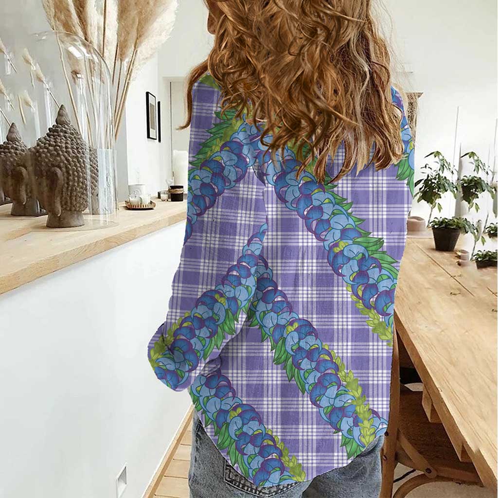 Hawaii Jade Vine Lei Women Casual Shirt Aloha Palaka Motif - Purple - Polynesian Pride
