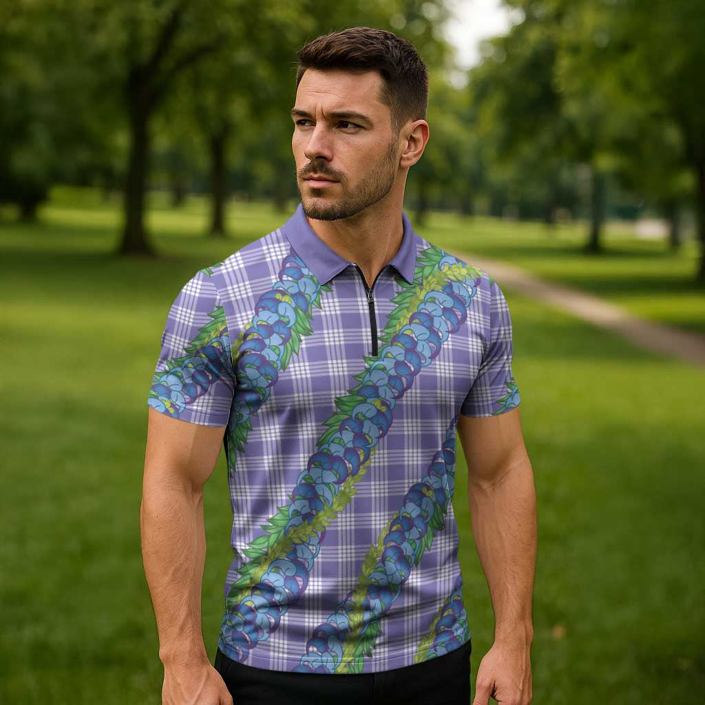 Hawaii Jade Vine Lei Zipper Polo Shirt Aloha Palaka Motif - Purple - Polynesian Pride