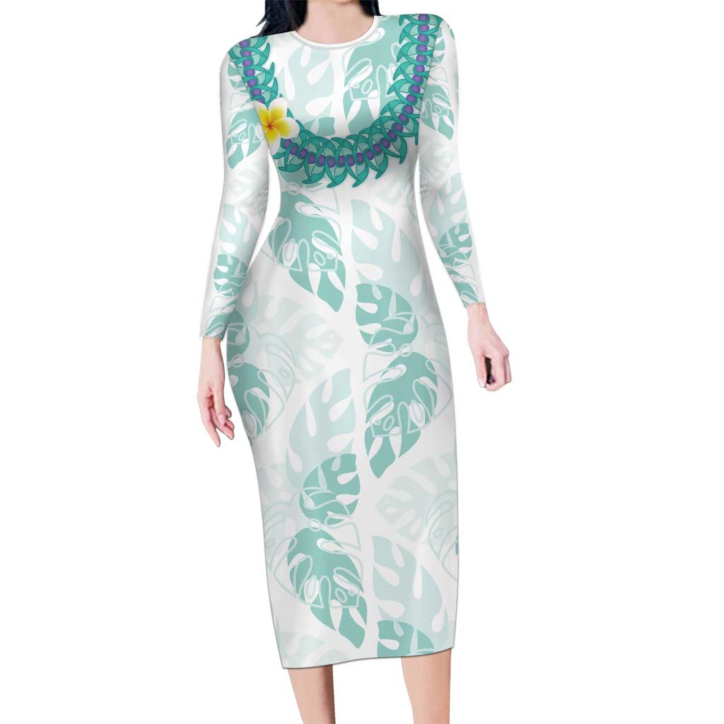 Jade Vine Lei Hawaii Family Matching Long Sleeve Bodycon Dress and Hawaiian Shirt Aloha Seamless Tropical Leaves LT14 Mom's Dress White - Polynesian Pride