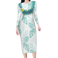 Jade Vine Lei Hawaii Family Matching Long Sleeve Bodycon Dress and Hawaiian Shirt Aloha Seamless Tropical Leaves LT14 Mom's Dress White - Polynesian Pride