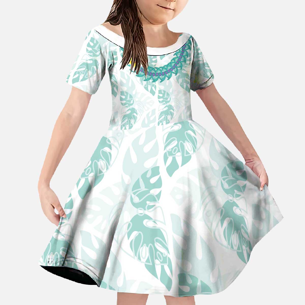 Jade Vine Lei Hawaii Family Matching Off The Shoulder Long Sleeve Dress and Hawaiian Shirt Aloha Seamless Tropical Leaves LT14 Daughter's Dress White - Polynesian Pride