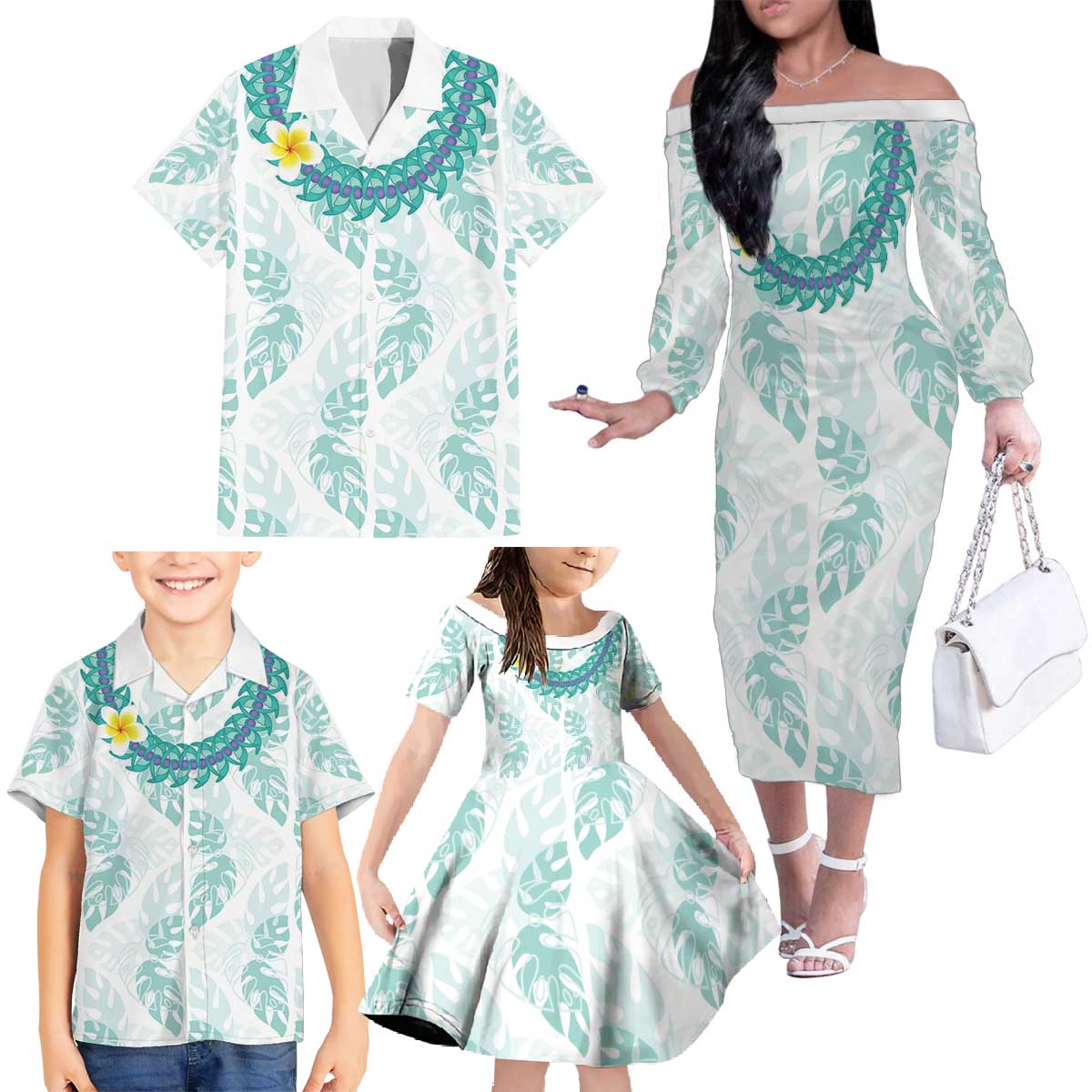 Jade Vine Lei Hawaii Family Matching Off The Shoulder Long Sleeve Dress and Hawaiian Shirt Aloha Seamless Tropical Leaves LT14 - Polynesian Pride