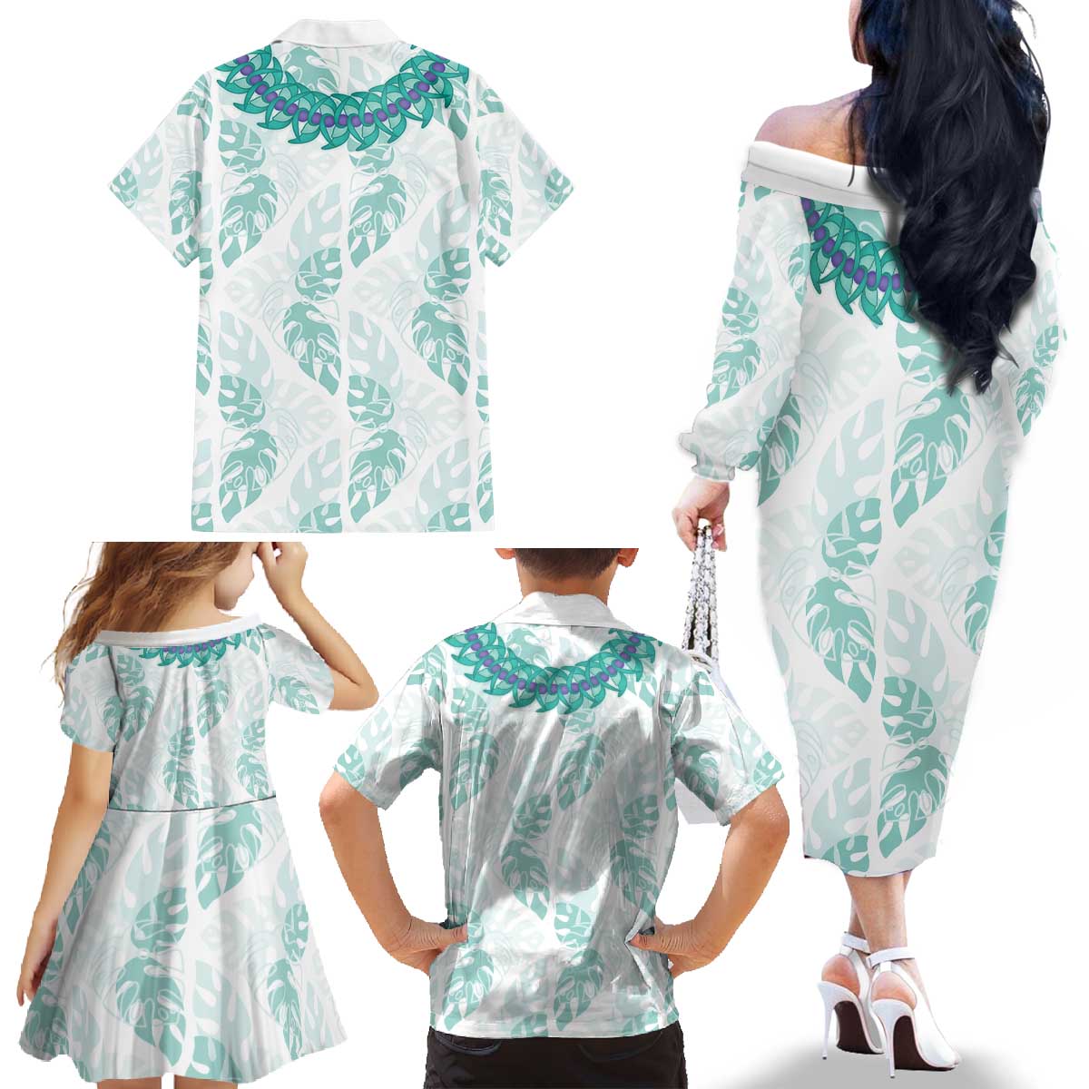 Jade Vine Lei Hawaii Family Matching Off The Shoulder Long Sleeve Dress and Hawaiian Shirt Aloha Seamless Tropical Leaves LT14 - Polynesian Pride