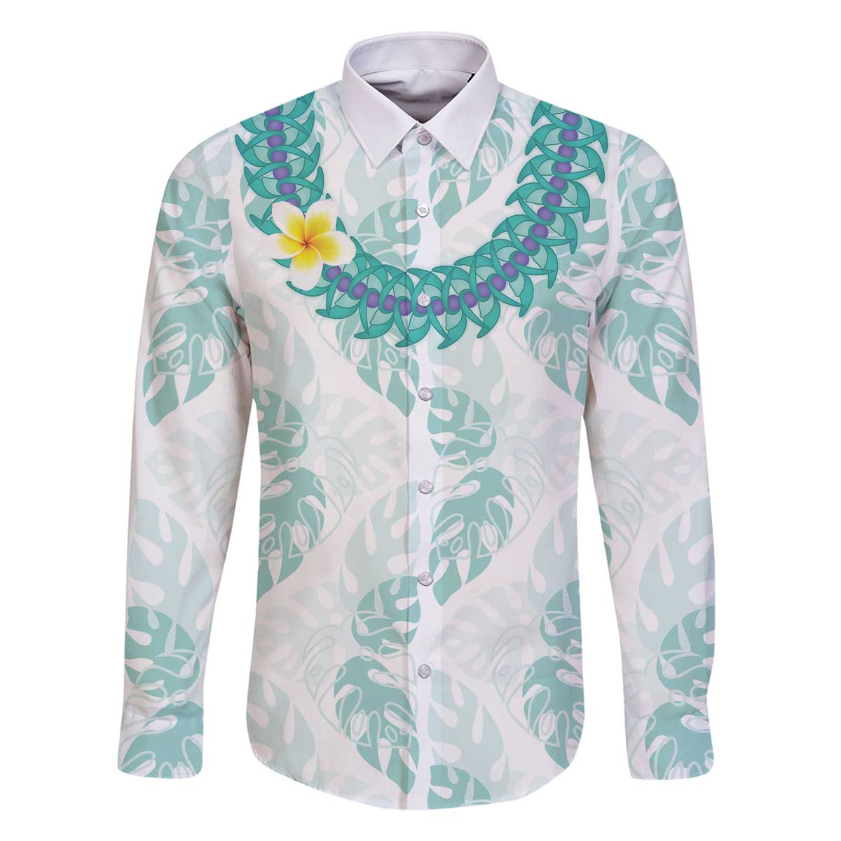Jade Vine Lei Hawaii Family Matching Off The Shoulder Long Sleeve Dress and Hawaiian Shirt Aloha Seamless Tropical Leaves LT14 Dad's Shirt - Long Sleeve White - Polynesian Pride