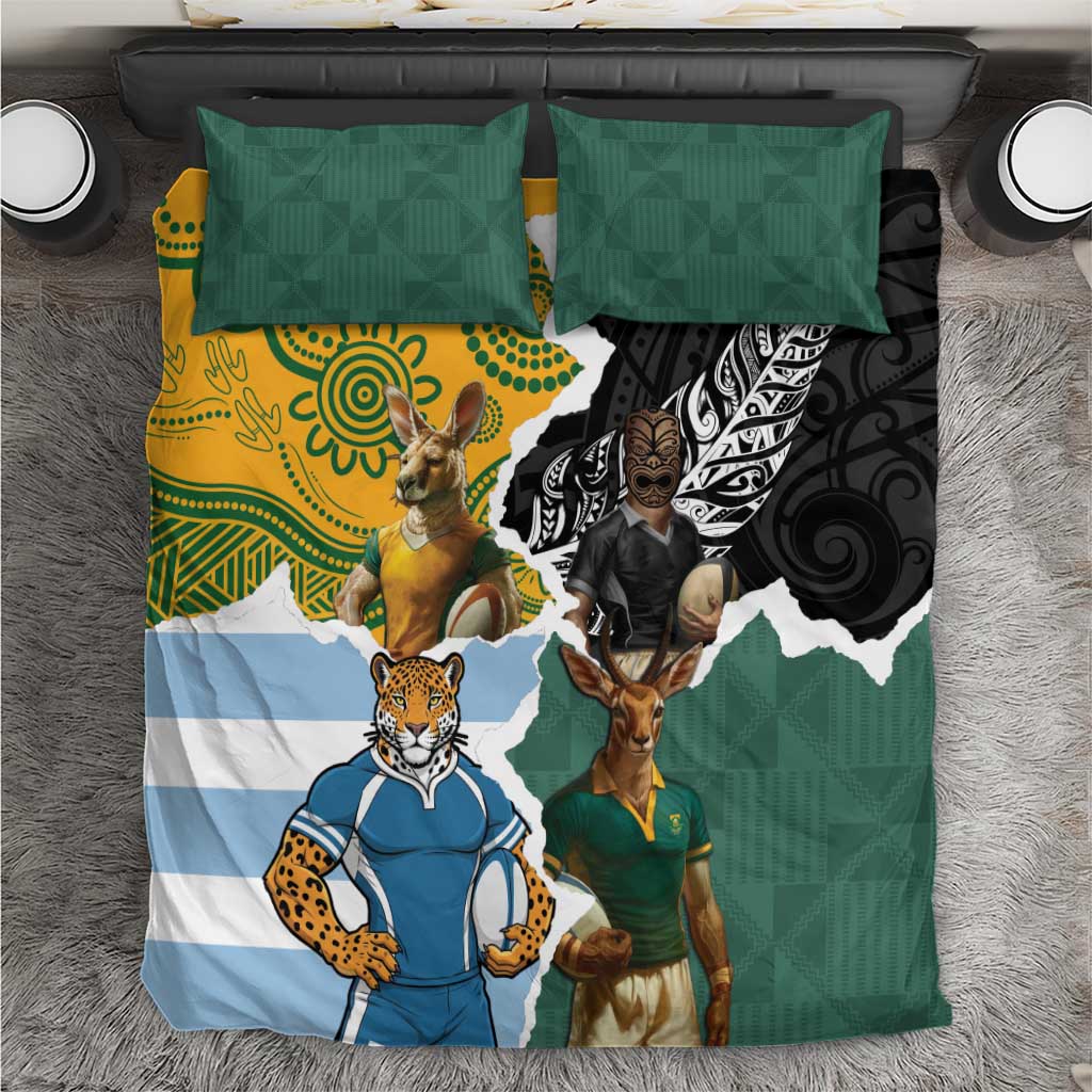 Rugby 2025 Championship Bedding Set Southern Hemisphere Countries Mascots LT14 Black - Polynesian Pride