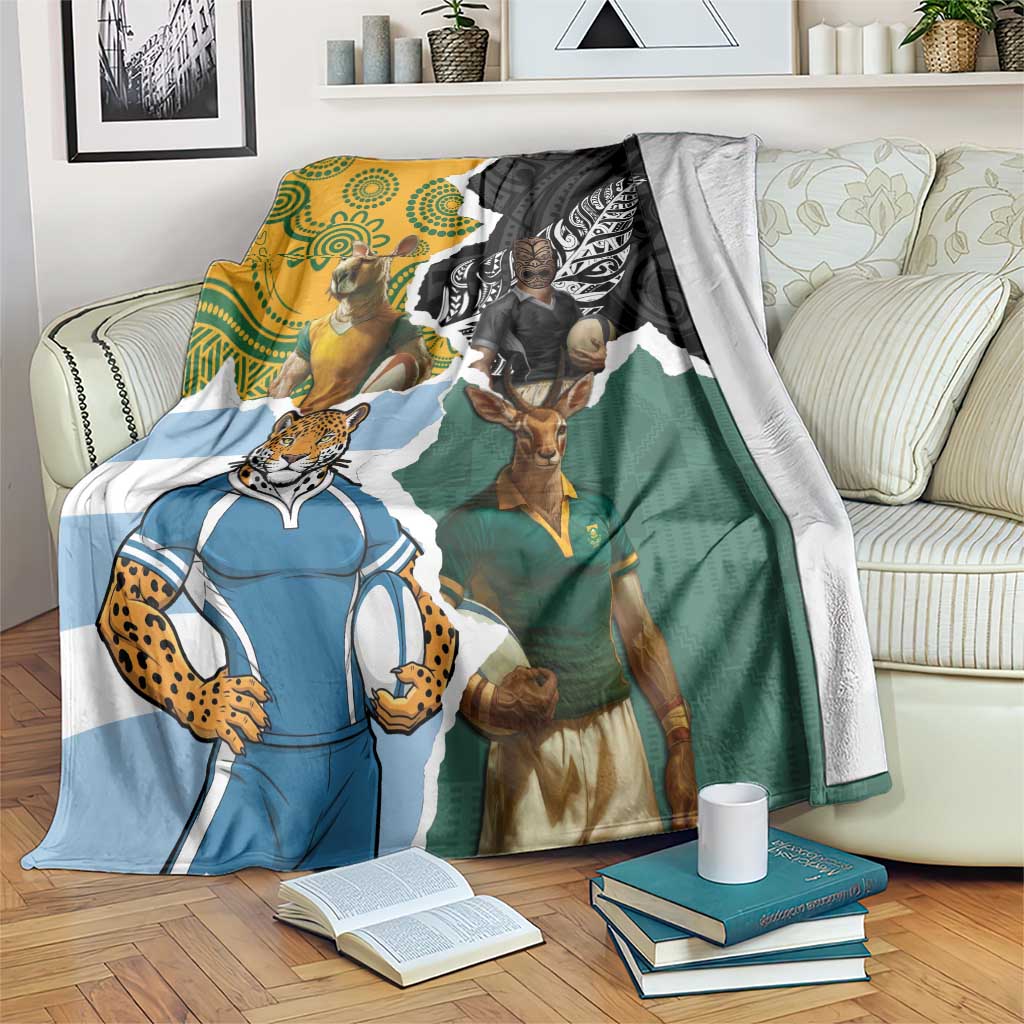 Rugby 2025 Championship Blanket Southern Hemisphere Countries Mascots LT14 Black - Polynesian Pride