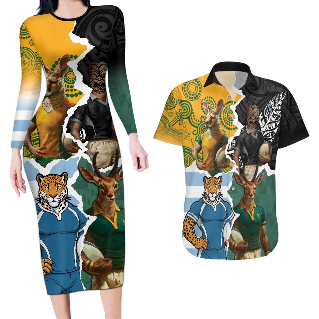 Personalised Rugby 2025 Championship Couples Matching Long Sleeve Bodycon Dress and Hawaiian Shirt Southern Hemisphere Countries Mascots LT14 Black - Polynesian Pride