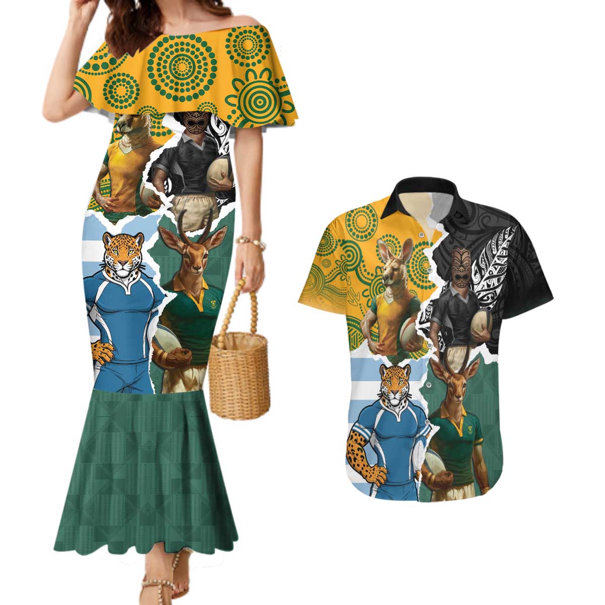 Personalised Rugby 2025 Championship Couples Matching Mermaid Dress and Hawaiian Shirt Southern Hemisphere Countries Mascots LT14 Black - Polynesian Pride