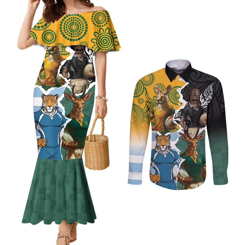 Personalised Rugby 2025 Championship Couples Matching Mermaid Dress and Long Sleeve Button Shirt Southern Hemisphere Countries Mascots LT14 Black - Polynesian Pride